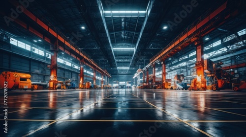 A large industrial building with many orange and yellow trucks parked inside