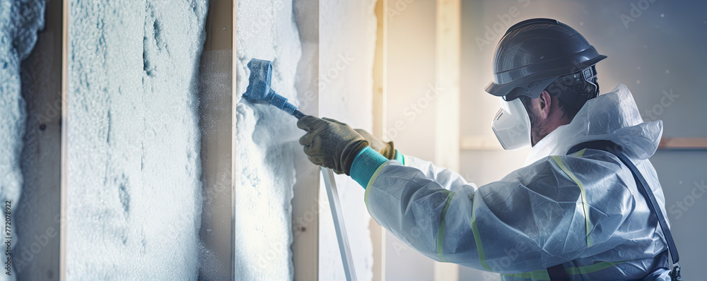 Construction worker in helmet and safety mask installing insulation Construction worker in helmet and safety mask installing insulation