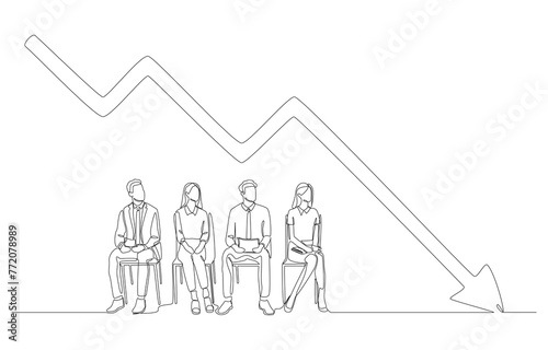 Continuous one line drawing of job applicants queue for interviews under downward arrow, low employment rate concept, single line art.