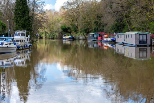 River Medway and the boats at Allington Lock near Maidstone in Kent, England