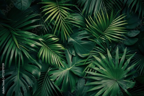 closeup nature view of green leaf and palms background. Flat lay, dark nature concept, tropical leaf - generative ai