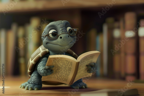 a turtle enjoying reading with boolshelf background.