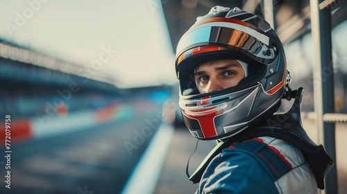 a beautiful man dressed for speed in a racing suit and helmet, on a racing track. © Rattanachat