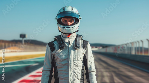Handsome man in a form-fitting racing suit with helmet, standing confidently on a racing track. © Rattanachat