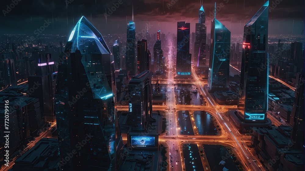 Urban Luminescence: Modern City Skyline Illuminated after Dark