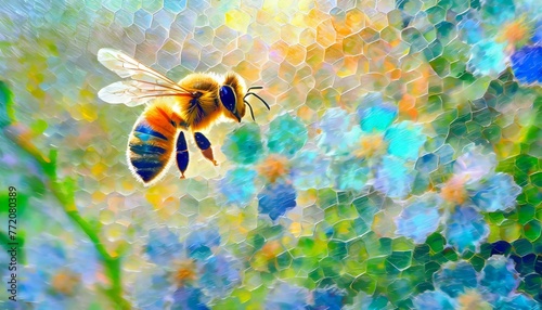 A honey bee flying over mosaic shaped glass flowers as the sun goes down in the background AI Generated