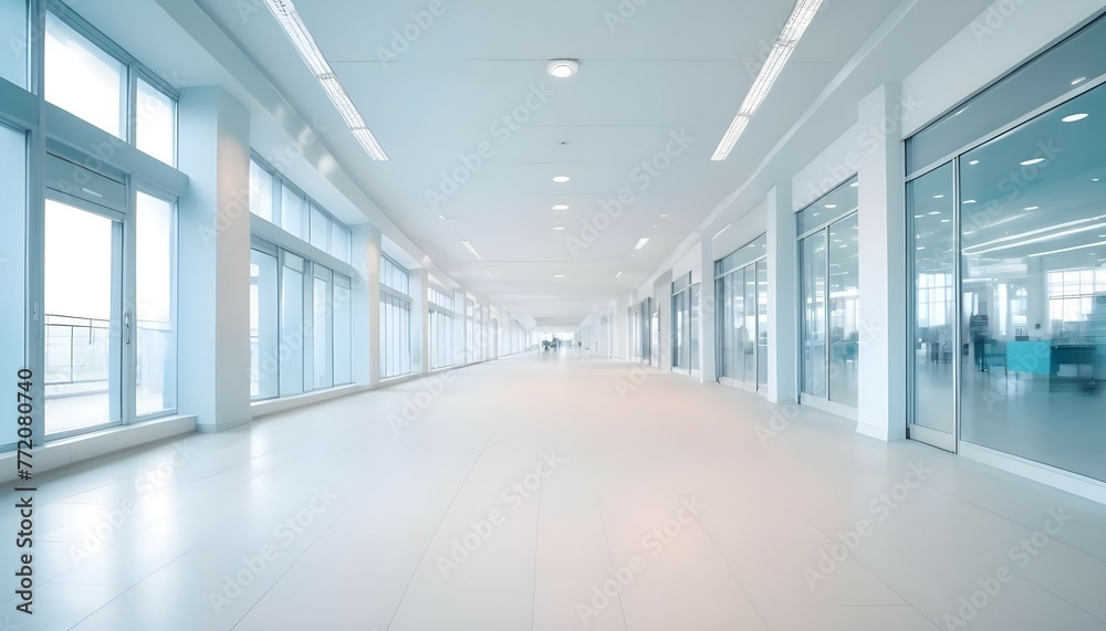 beautiful light blue blurred background panoramic image of a spacious office or mall hallway, Modern hospital corridor and people with long exposure effect, blurred, AI