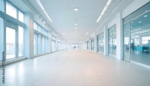 beautiful light blue blurred background panoramic image of a spacious office or mall hallway, Modern hospital corridor and people with long exposure effect, blurred, AI