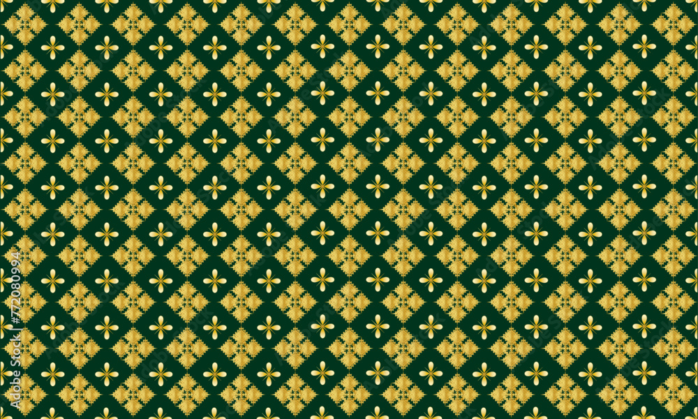 Green background, Thai pattern, luxurious golden flower pattern