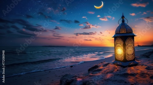 A poster image for Ramadan greetings featuring a lovely lantern lamp on the beach, with a crescent