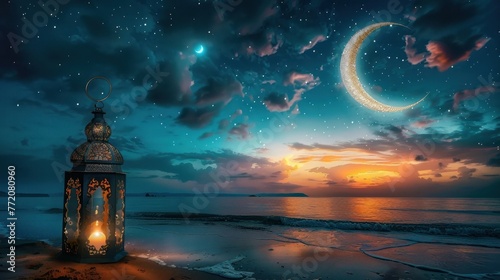 The image is a poster featuring a beautiful lantern lamp on a beach with a crescent moon in the