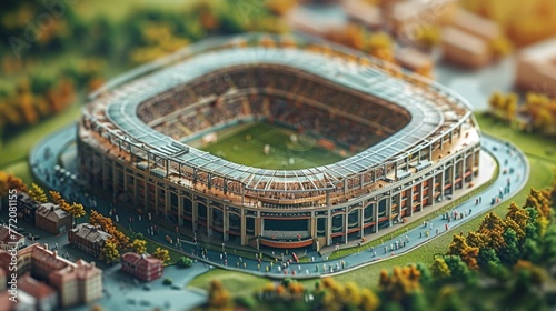 A clay-rendered model of a sports stadium full of fans and players