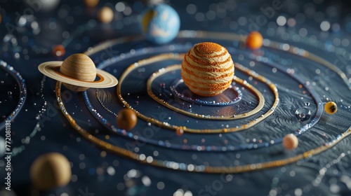 A clay-rendered model of the solar system with planets in orbit