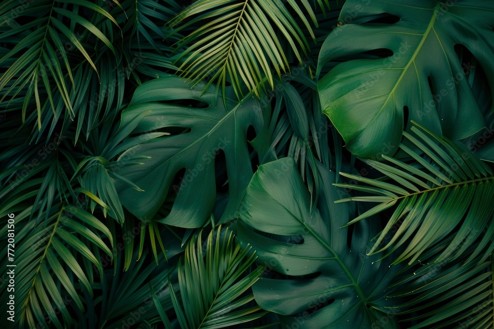closeup nature view of green leaf and palms background. Flat lay, dark nature concept, tropical leaf - generative ai - obrazy, fototapety, plakaty 