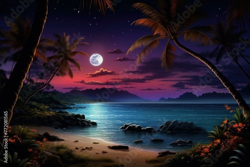 Romantic Tropic night beach moon. Sand coast. Generate Ai