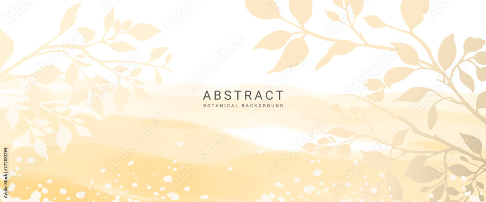 Abstract yellow watercolor background with hand drawn silhouettes of branches and leaves. Pastel elegant vector illustration for wall decor, card, wedding invitation, packaging, print, cover, banner, 