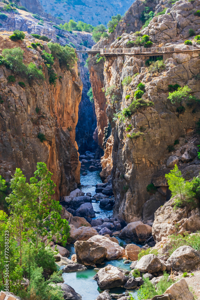 Caminito del Rey in the Gaitanes gorge in the province of Malaga, view of the new road over a canyon of the Guadalhorce river, Andalucia.