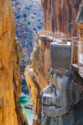 Caminito del Rey in the Gaitanes gorge in the province of Malaga, view of the old and new road inside a canyon, Andalucia. photo