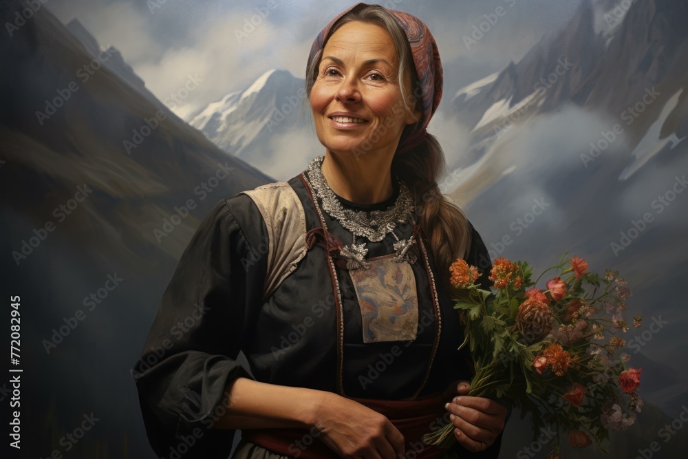 Naklejka premium Captivating Norwegian woman portrait. Serious face. Generate Ai