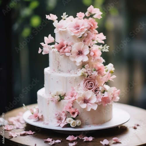 Default Wedding cake adorned with pink flowers a sweet celebra