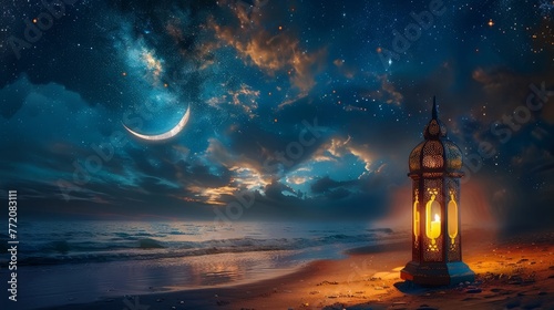 This is an image of a beautiful lantern lamp on the beach with a crescent moon in the night sky,