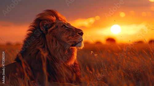 Regal African lion gazing into the distance during a fiery sunset in the Savannah, the essence of wild Africa captured in a single moment.