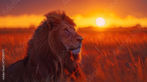 Capturing the essence of wild Africa in a single moment, a regal African lion gazes into the distance during a fiery sunset in the Savannah.