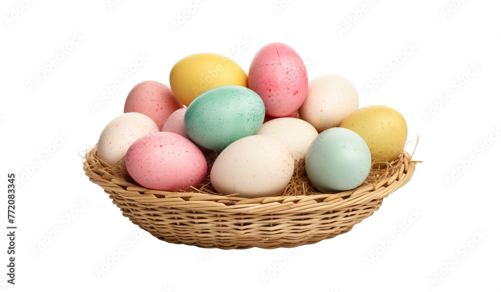 Easter eggs in basket isolated on transparent background. Happy Easter