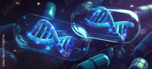 Glowing DNA Structures Inside Capsules Concept photo