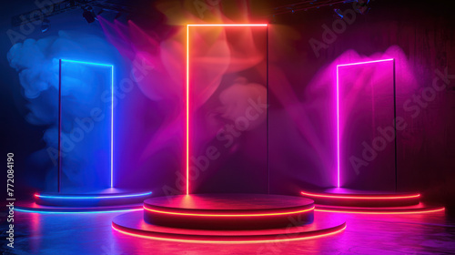 Vibrant Stage Set With Neon Lights and Podium
