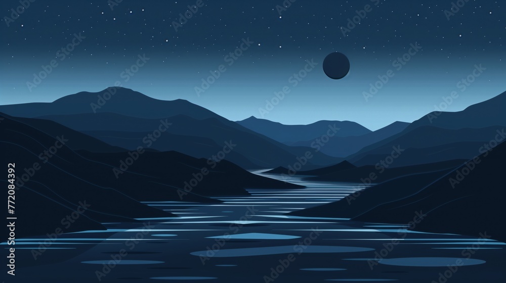 moon with mountains in the night sky in the style of Japanese pop art.