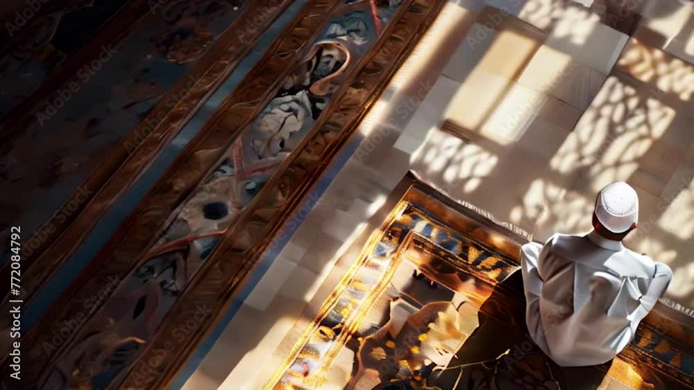 Serene Religious Moment in Sunlit Mosque. Man Praying, Captured from Behind. Warm Light and Peaceful Ambiance. Generative AI Serene Religious Moment in Sunlit Mosque. Man Praying, Captured from Behind. Warm Light and Peaceful Ambiance. Generative AI