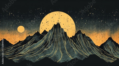moon with mountains in the night sky in the style of Japanese pop art.