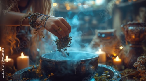  Witch making potion, female hands adds herbal in to boiling cauldron making potion. Walpurgis night 30th April. Witch in scary Halloween laboratory making wizard green potion on dark color background
