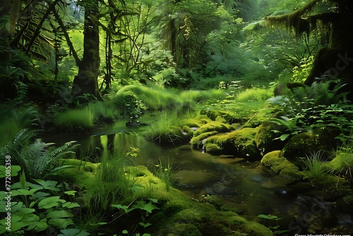 : A lush green forest with a gentle stream, a blanket of moss, and a beautiful array of colors
