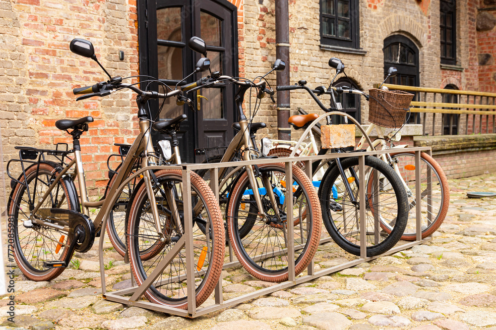 Bicycles in the old European castle. Mir. Travels.