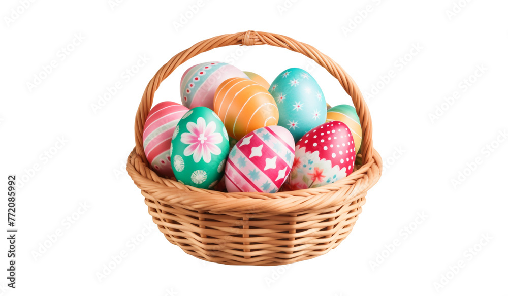 Easter eggs in basket isolated on transparent background. Happy Easter