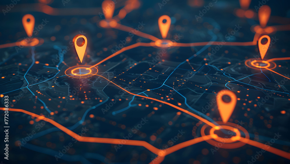 A digital map featuring interconnected location pins, symbolizing global network connectivity and geographic information technology. Concept of global connections and geolocation maps for business. A digital map featuring interconnected location pins, symbolizing global network connectivity and geographic information technology. Concept of global connections and geolocation maps for business.