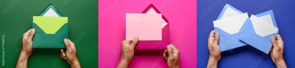 Set of hands with envelopes on color background, top view Set of hands with envelopes on color background, top view