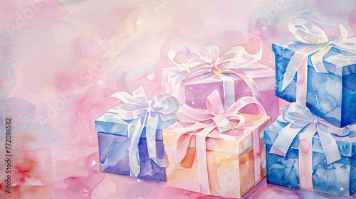 Pink and Blue Watercolor Gift Boxes with Ribbons and Bows Generative AI