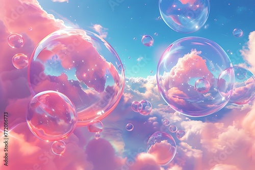 : A magical, abstract cloudscape of floating, inflated orbs, drifting lazily on a warm, effervescent breeze, scattering stardust in their gentle wake.