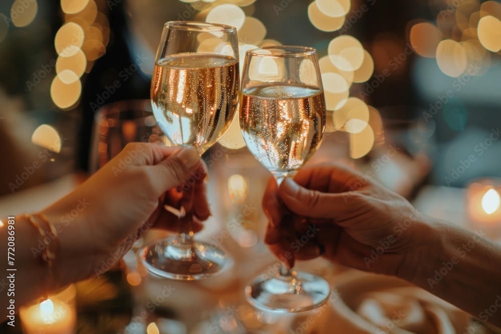 Two champagne glasses for celebration with blurred background of lights