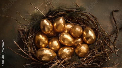 gold eggs in chicken nest