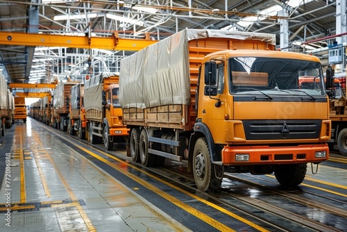 Assembly line of brand new heavy duty trucks in the factory building