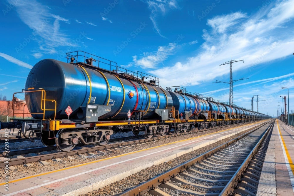 Blue Train Tanker Cars On The Railroad Tracks Under The Clear Blue Sky Blue Train Tanker Cars On The Railroad Tracks Under The Clear Blue Sky