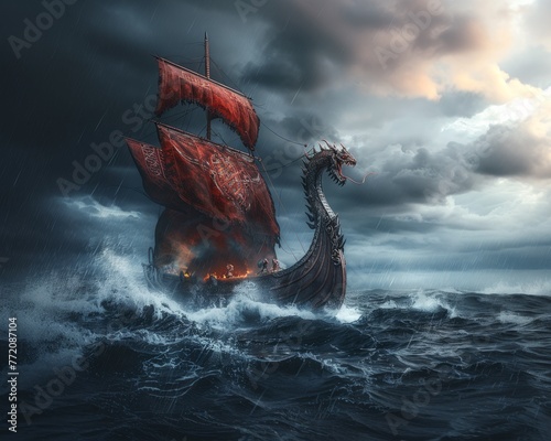 A mythical Viking longship with a dragon head, sailing through tumultuous ocean waves under a stormy sky. photo