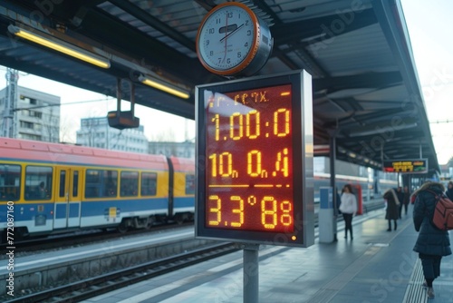 Modern digital clock at a train station with a train in the background
