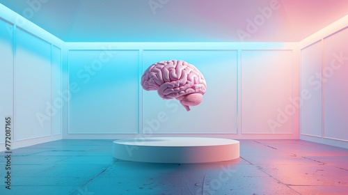 A human brain displayed as a floating exhibit in a modern, minimalist gallery with gradient lighting.