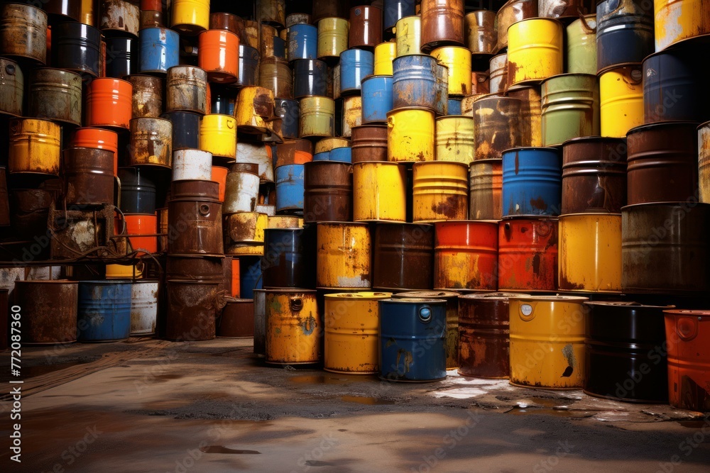 Glossy Oil barrels metal black color. Fuel tanks. Generate AI