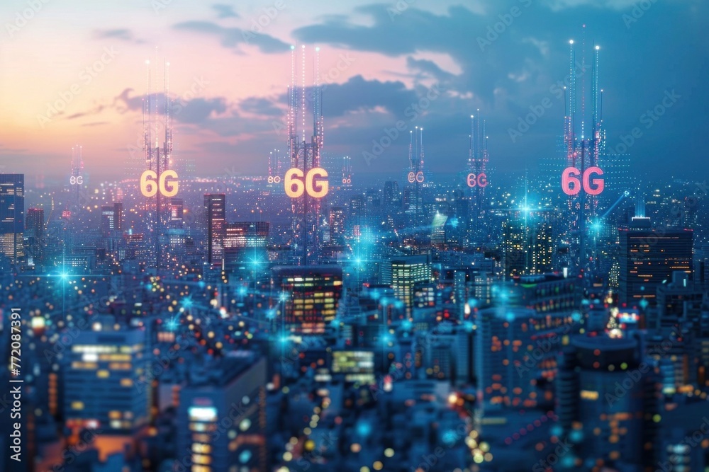6G telecommunication network concept over the modern city at sunset